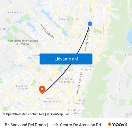 Br. San José Del Prado (Kr 45a - Cl 137) to Centro De Atención Prioritaria En Salud map