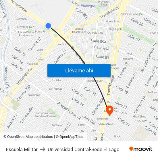 Escuela Militar to Universidad Central-Sede El Lago map