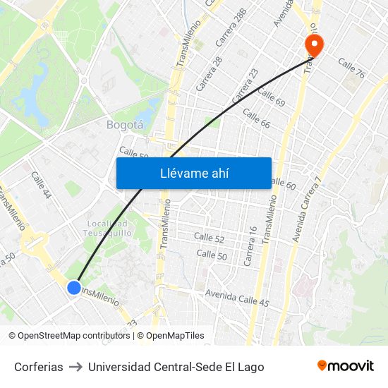 Corferias to Universidad Central-Sede El Lago map