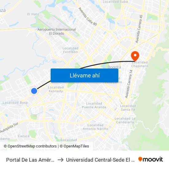 Portal De Las Américas to Universidad Central-Sede El Lago map