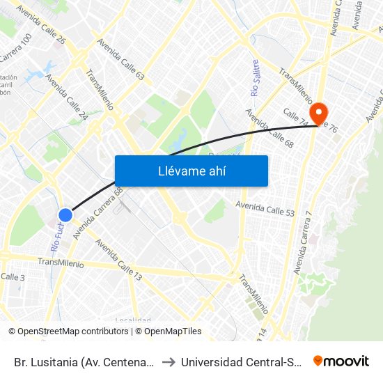 Br. Lusitania (Av. Centenario - Ak 68d) to Universidad Central-Sede El Lago map