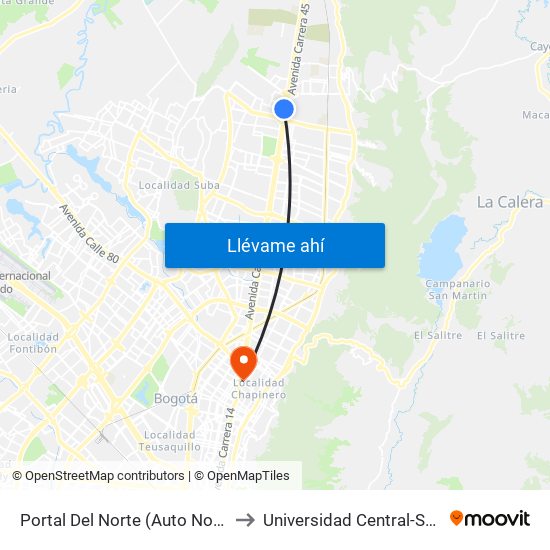 Portal Del Norte (Auto Norte - Cl 174a) to Universidad Central-Sede El Lago map