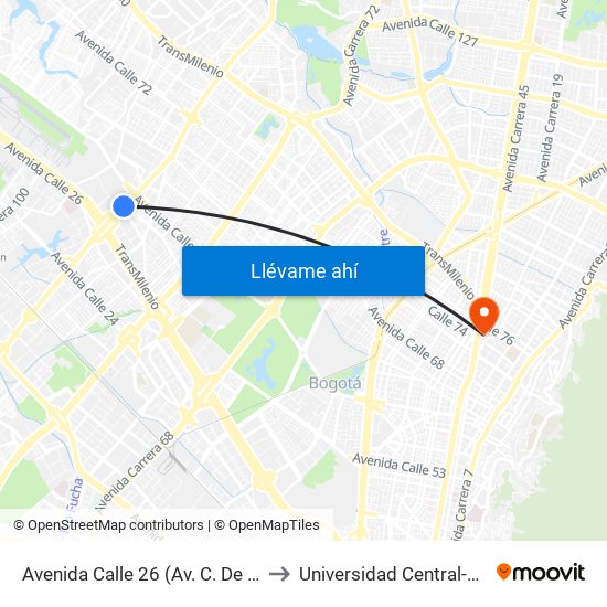 Avenida Calle 26 (Av. C. De Cali - Cl 51) (A) to Universidad Central-Sede El Lago map