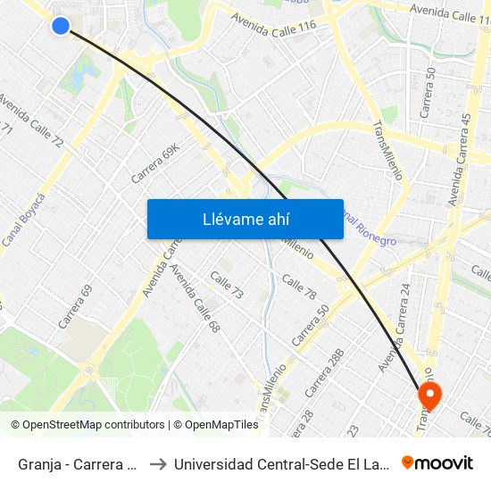 Granja - Carrera 77 to Universidad Central-Sede El Lago map