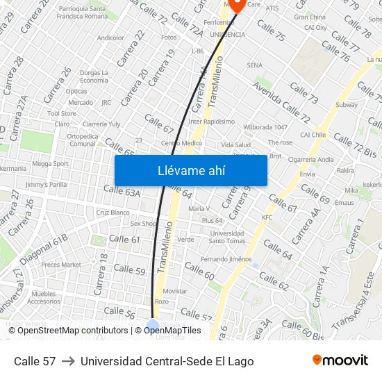 Calle 57 to Universidad Central-Sede El Lago map