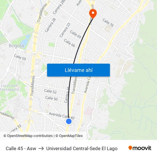 Calle 45 - Asw to Universidad Central-Sede El Lago map