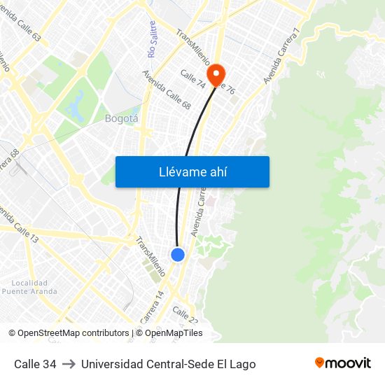 Calle 34 to Universidad Central-Sede El Lago map