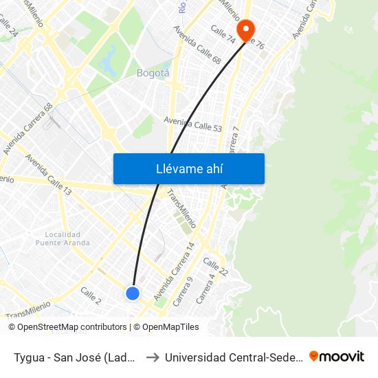 Tygua - San José (Lado Norte) to Universidad Central-Sede El Lago map