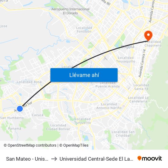 San Mateo - Unisur to Universidad Central-Sede El Lago map