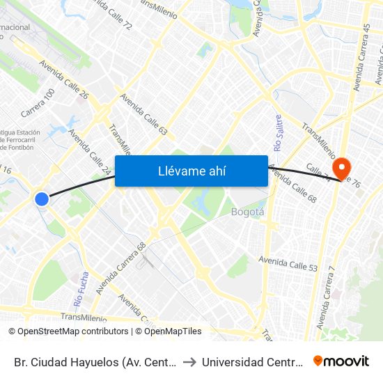 Br. Ciudad Hayuelos (Av. Centenario - Av. C. De Cali) to Universidad Central-Sede El Lago map