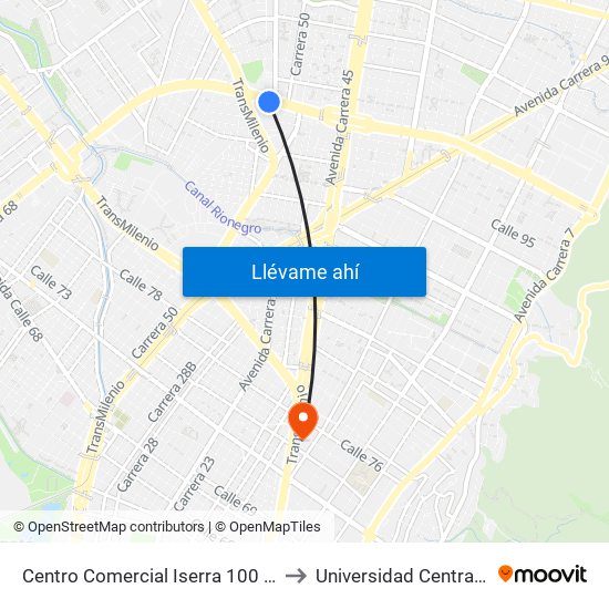 Centro Comercial Iserra 100 (Ac 100 - Kr 54) (B) to Universidad Central-Sede El Lago map