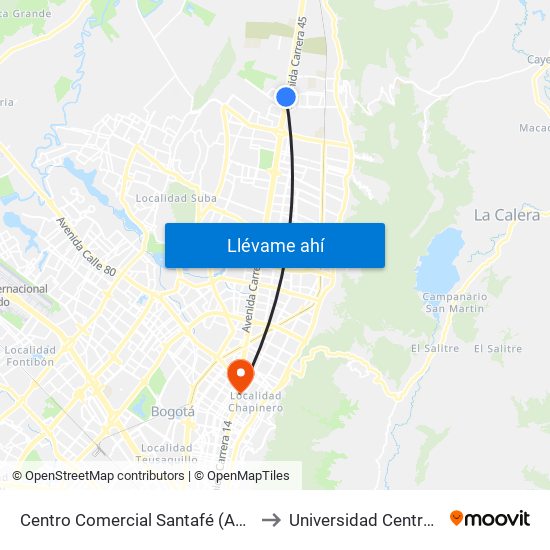 Centro Comercial Santafé (Auto Norte - Cl 187) (B) to Universidad Central-Sede El Lago map