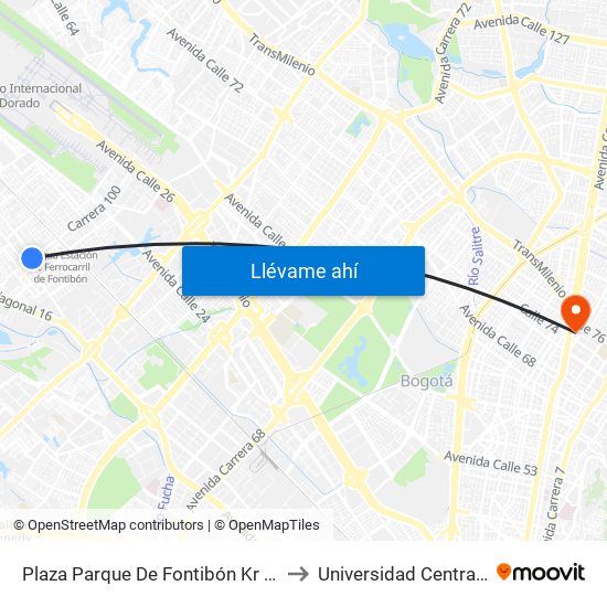 Plaza Parque De Fontibón Kr 100 (Kr 100 - Cl 17a) to Universidad Central-Sede El Lago map