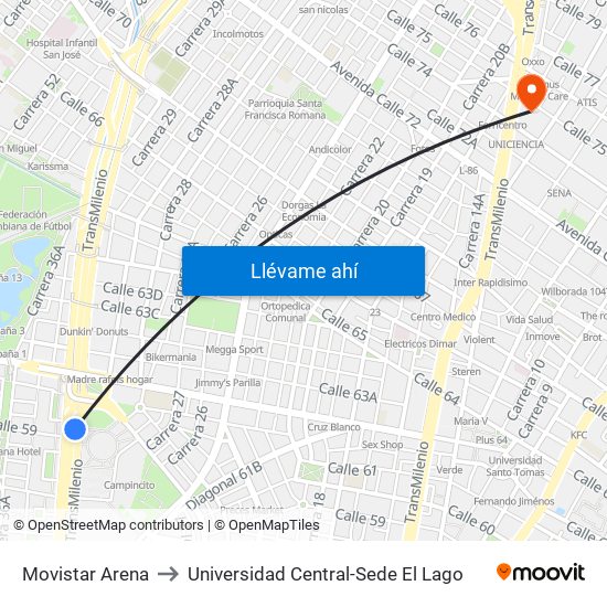 Movistar Arena to Universidad Central-Sede El Lago map