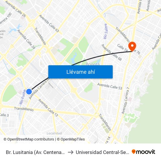 Br. Lusitania (Av. Centenario - Kr 68b) to Universidad Central-Sede El Lago map