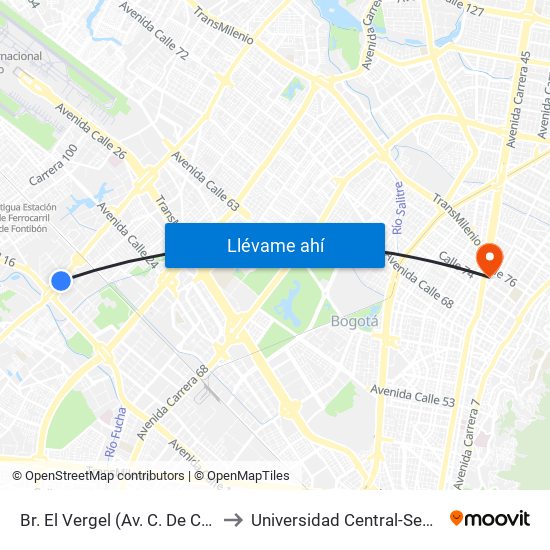 Br. El Vergel (Av. C. De Cali - Cl 18) to Universidad Central-Sede El Lago map