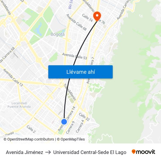 Avenida Jiménez to Universidad Central-Sede El Lago map