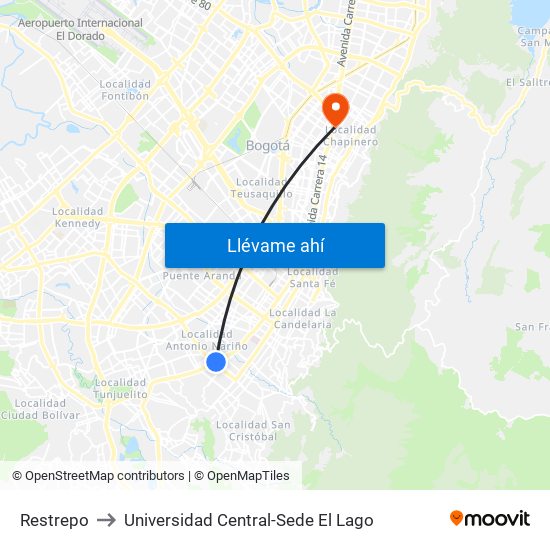 Restrepo to Universidad Central-Sede El Lago map