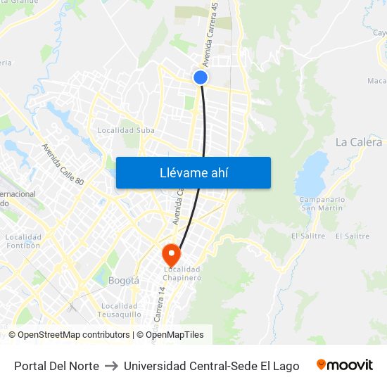 Portal Del Norte to Universidad Central-Sede El Lago map