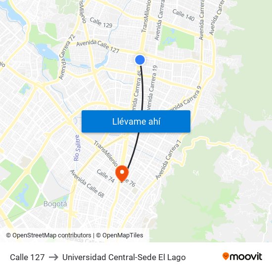 Calle 127 to Universidad Central-Sede El Lago map
