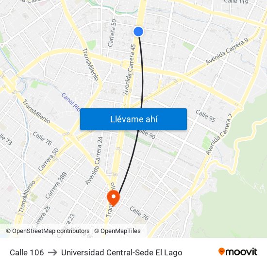 Calle 106 to Universidad Central-Sede El Lago map