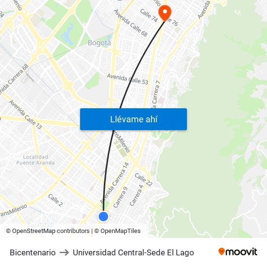Bicentenario to Universidad Central-Sede El Lago map