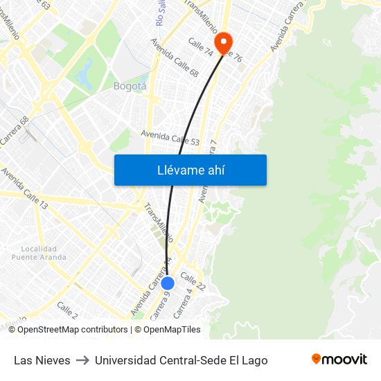 Las Nieves to Universidad Central-Sede El Lago map