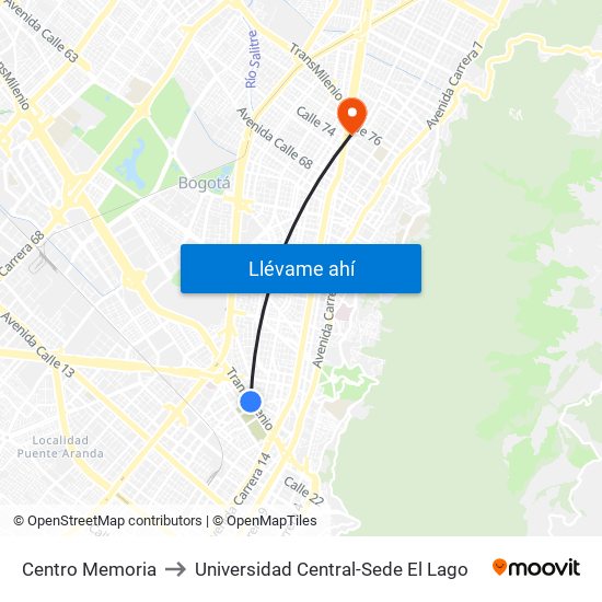 Centro Memoria to Universidad Central-Sede El Lago map