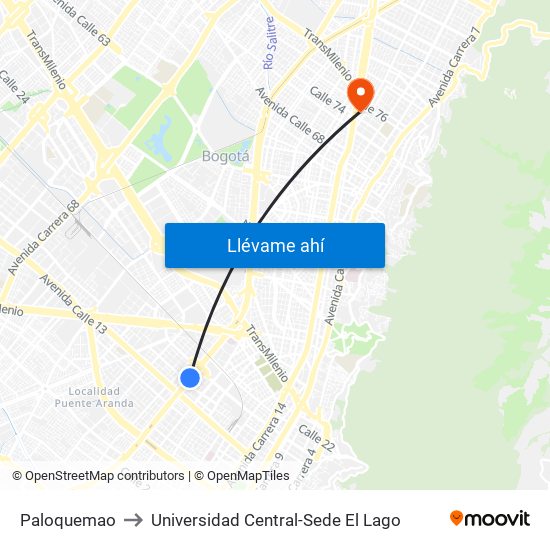 Paloquemao to Universidad Central-Sede El Lago map