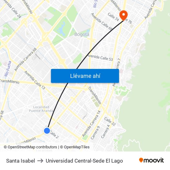 Santa Isabel to Universidad Central-Sede El Lago map