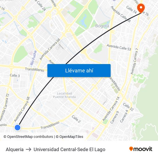 Alquería to Universidad Central-Sede El Lago map