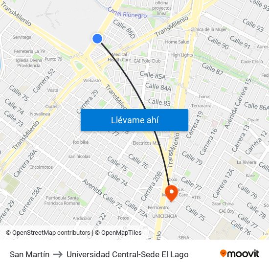 San Martín to Universidad Central-Sede El Lago map