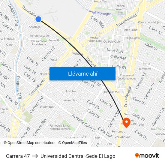 Carrera 47 to Universidad Central-Sede El Lago map