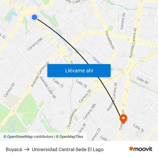 Boyacá to Universidad Central-Sede El Lago map