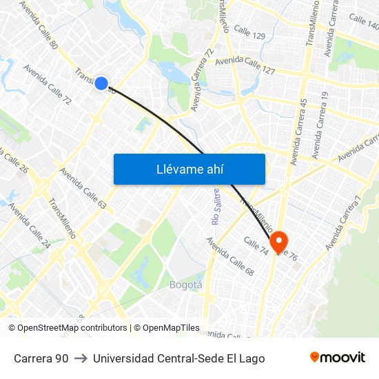 Carrera 90 to Universidad Central-Sede El Lago map