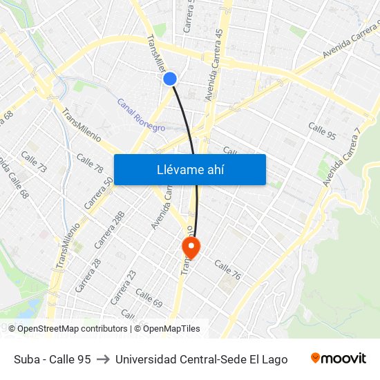 Suba - Calle 95 to Universidad Central-Sede El Lago map