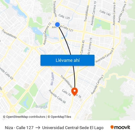 Niza - Calle 127 to Universidad Central-Sede El Lago map