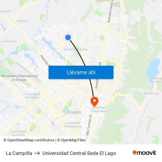 La Campiña to Universidad Central-Sede El Lago map