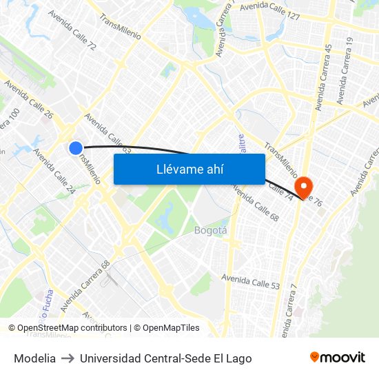 Modelia to Universidad Central-Sede El Lago map