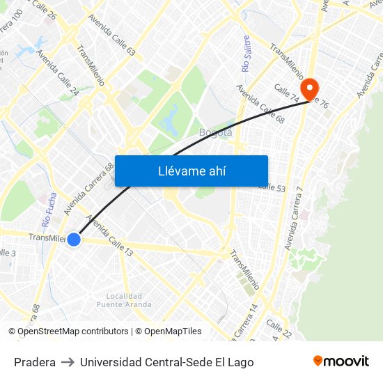 Pradera to Universidad Central-Sede El Lago map