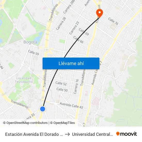 Estación Avenida El Dorado (Av. NQS - Cl 40a) to Universidad Central-Sede El Lago map