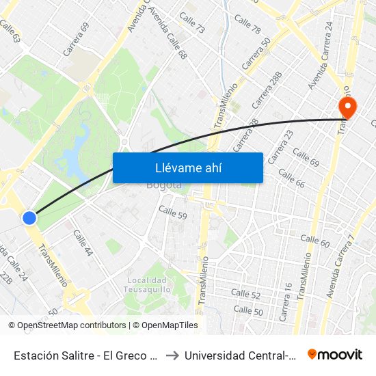 Estación Salitre - El Greco (Ac 26 - Ak 68) to Universidad Central-Sede El Lago map
