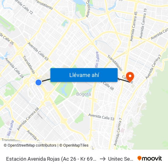 Estación Avenida Rojas (Ac 26 - Kr 69d Bis) (B) to Unitec Sede C map