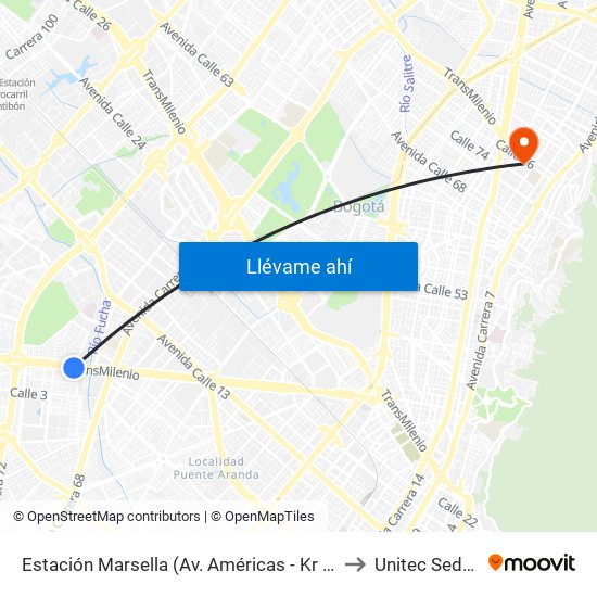 Estación Marsella (Av. Américas - Kr 69b) to Unitec Sede C map