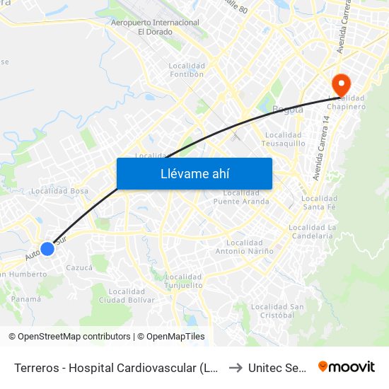 Terreros - Hospital Cardiovascular (Lado Sur) to Unitec Sede C map