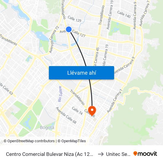Centro Comercial Bulevar Niza (Ac 127 - Av. Suba) to Unitec Sede C map