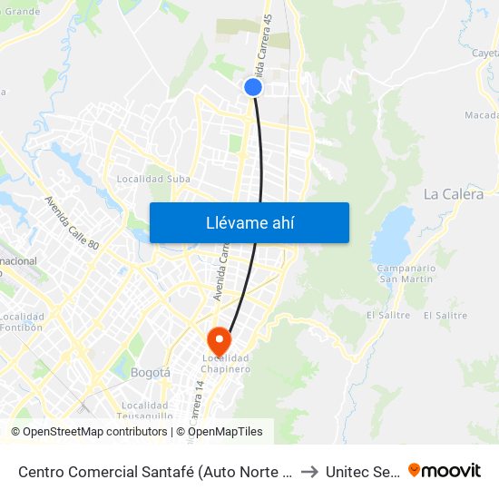 Centro Comercial Santafé (Auto Norte - Cl 187) (B) to Unitec Sede C map