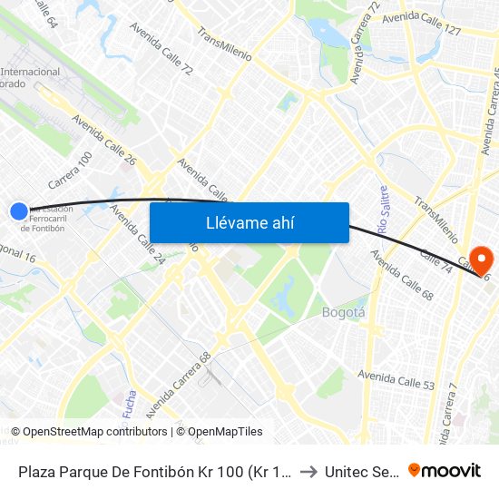 Plaza Parque De Fontibón Kr 100 (Kr 100 - Cl 17a) to Unitec Sede C map