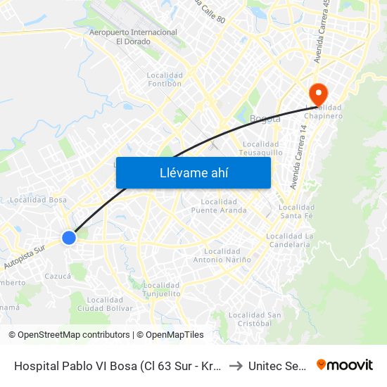 Hospital Pablo VI Bosa (Cl 63 Sur - Kr 77g) (A) to Unitec Sede C map