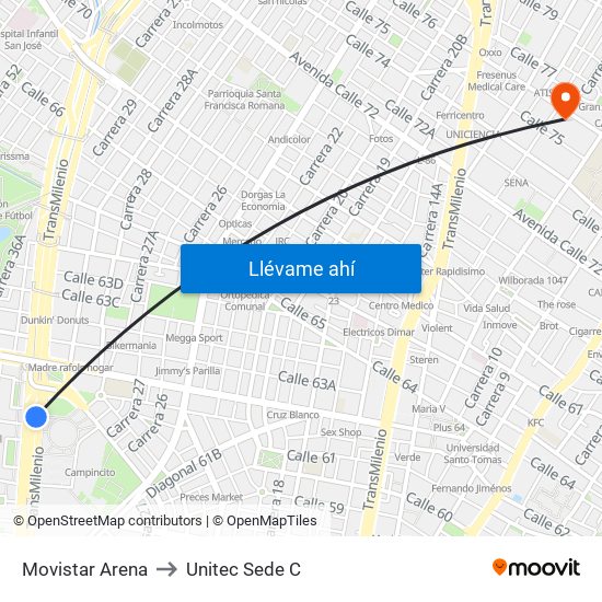 Movistar Arena to Unitec Sede C map